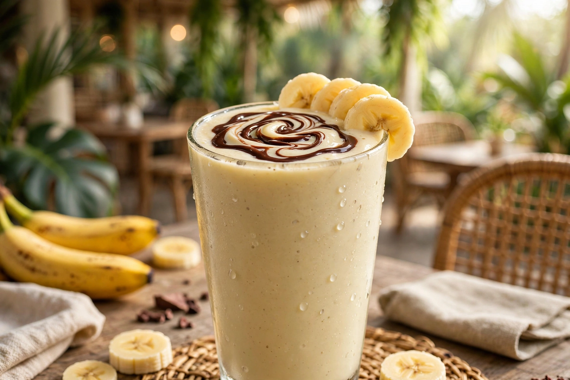 Banana smoothie with chocolate drizzle at The Cyclone Cafe