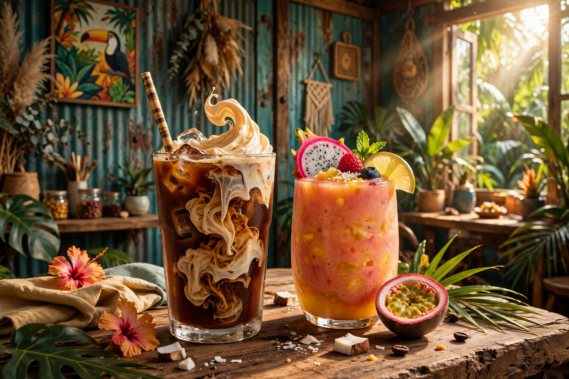 Iced coffee with a storm swirl of cream and a tropical fruit smoothie at The Cyclone Cafe